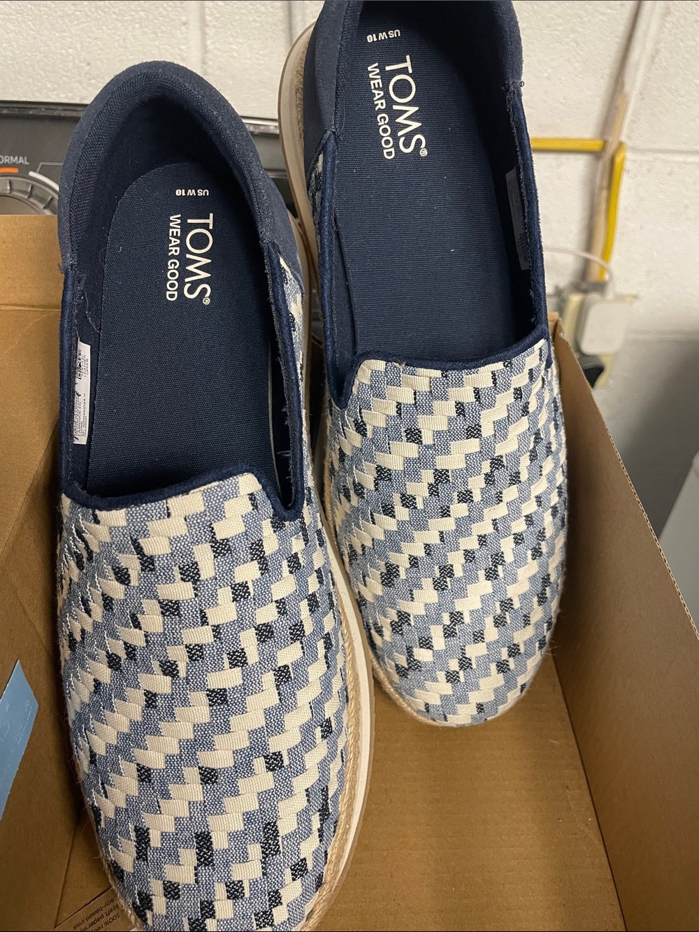 TOMS Navy and Cream Woven Slip-On Espadrilles